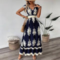 2025 new european and american amazon aliexpress summer fashion printed v-neck waist-defining long dress for women