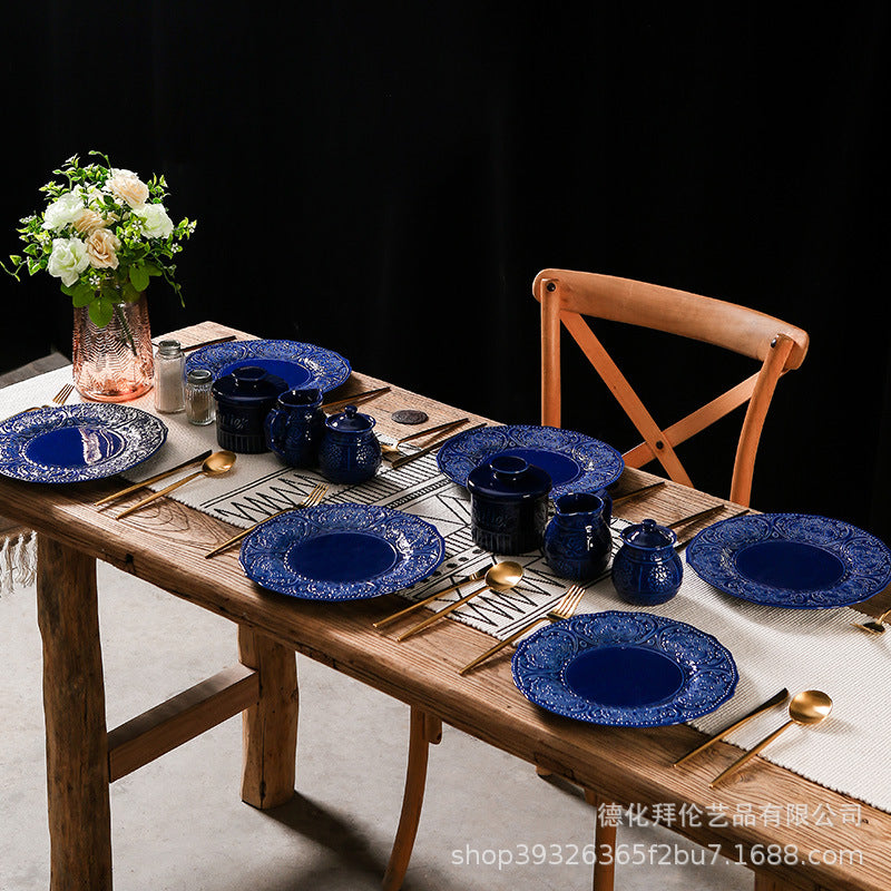 Embossed blue steak plate french western dinner plate personalized retro style ceramic milk jug sugar bowl suit tableware wholesale