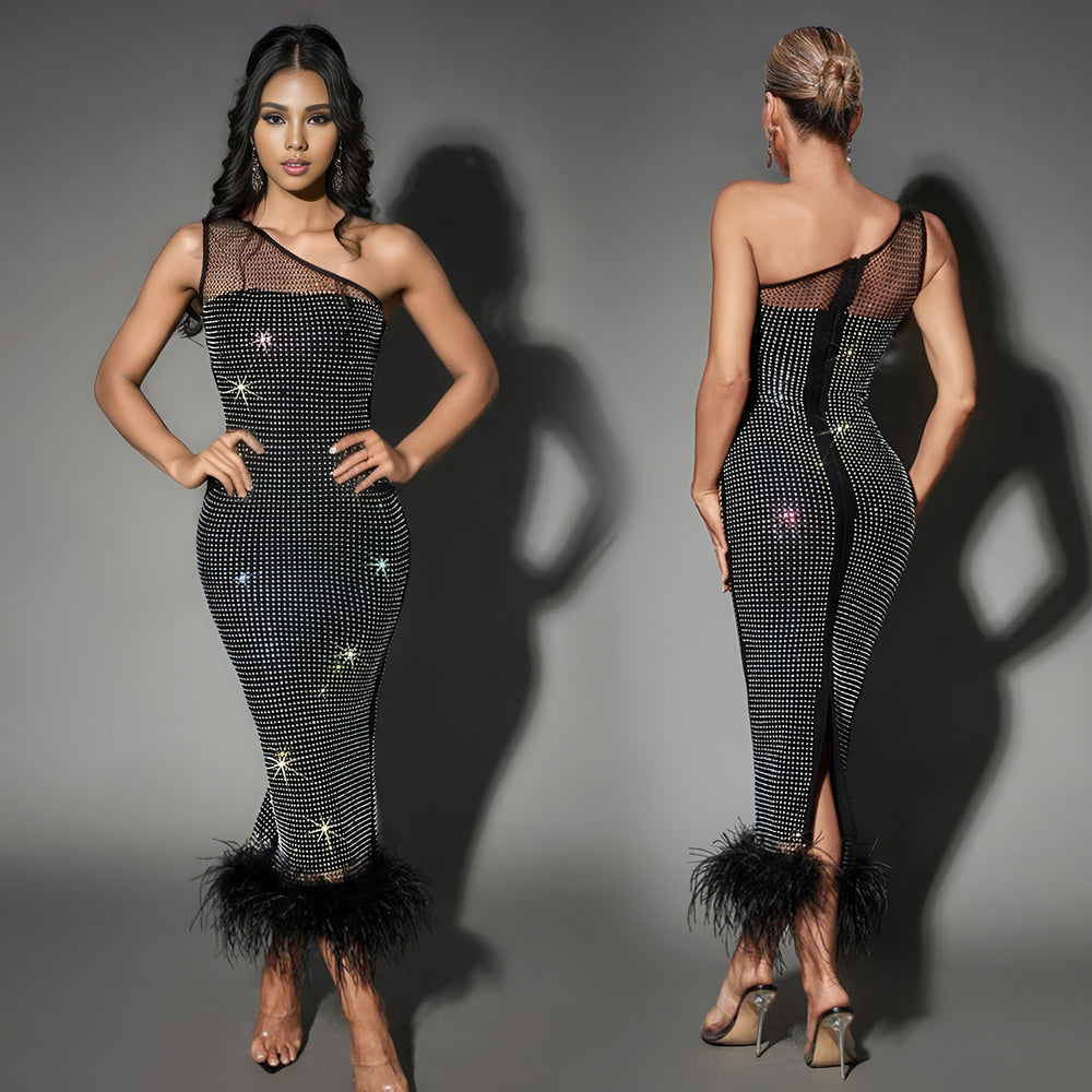 C6666 cross-border   fashion women's one-shoulder mesh rhinestone feather bandage dress
