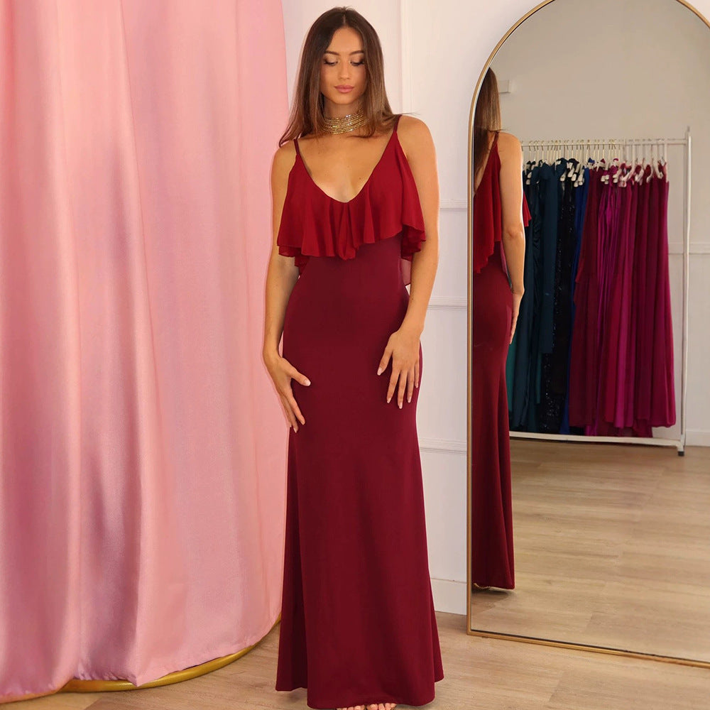 European and american style women's summer  new arrivals: solid color v-neck camisole ruffle trim sexy bodycon mini dress wholesale