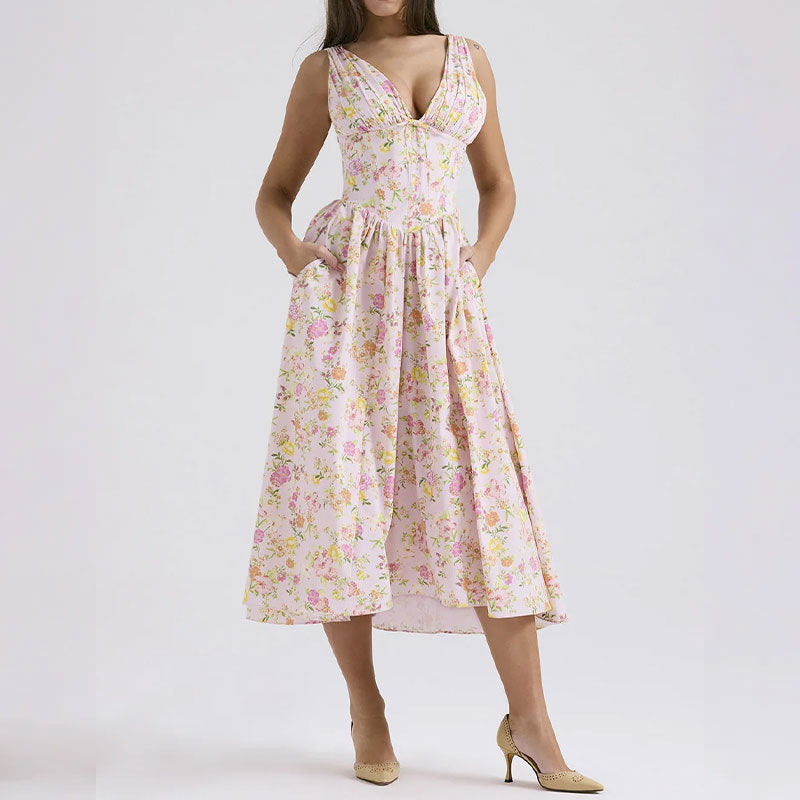 cross-border e-commerce women's fashion: european and american summer new arrivals - elegant v-neck camisole waist-cinching maxi dress