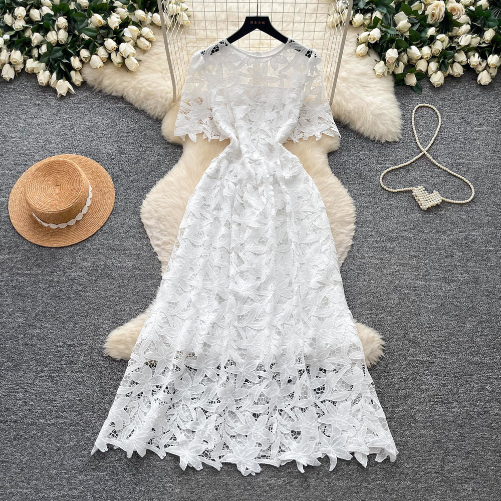 French style heavy lace cutout short sleeve dress - women's summer slimming a-line midi dress - elegant workwear