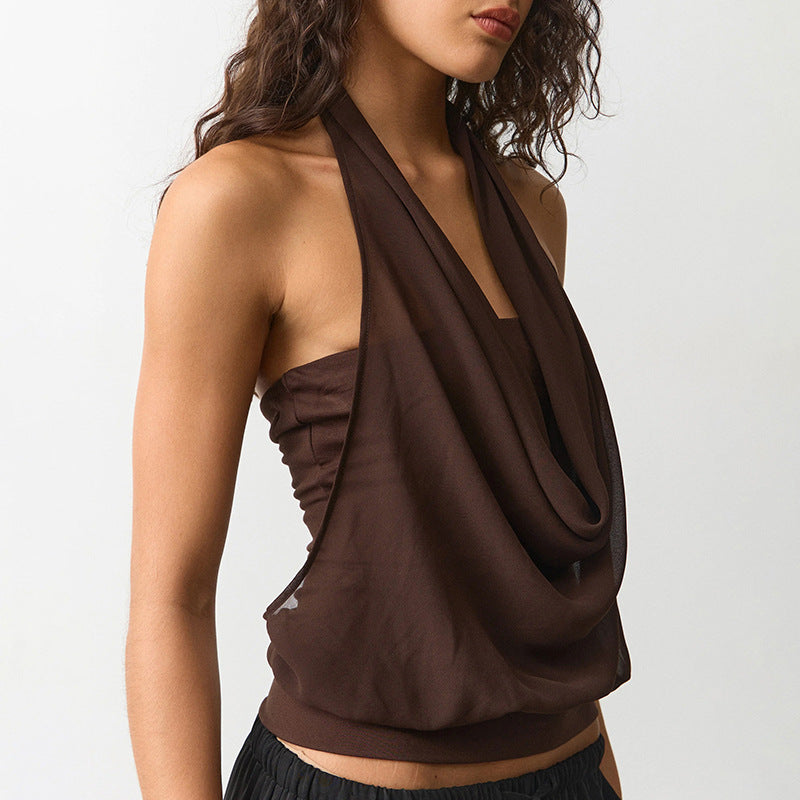 fashion style women's clothing  spring and summer new arrivalfashionelegant sleeveless halter layered backless t-shirttops for women