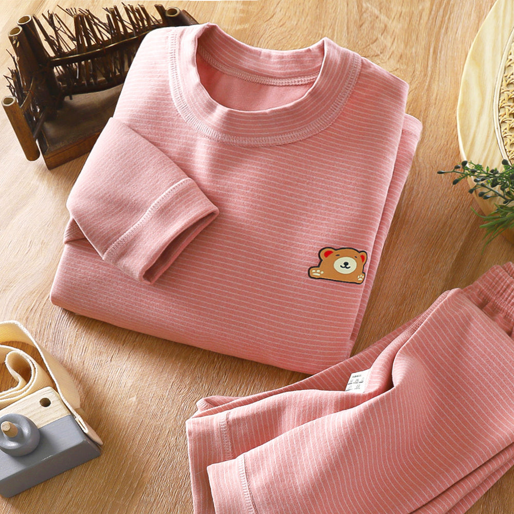 Kids' boneless fleece-lined turtleneck thermal underwear set - new autumn collection for boys and girls - striped, extra thick, warm innerwear set