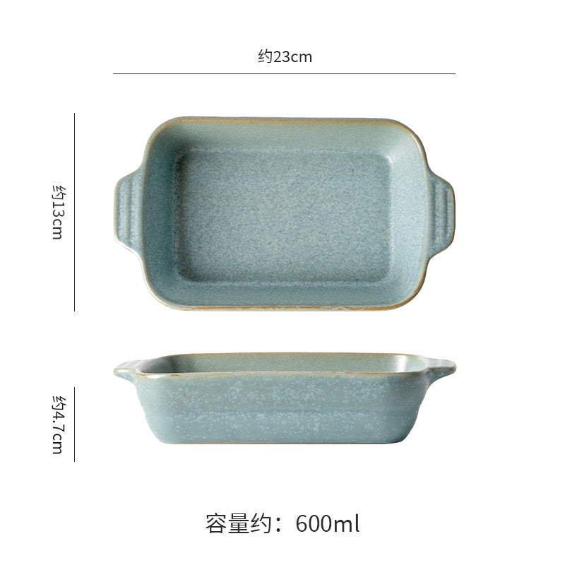 Creative kiln-turned double-ear ceramic baking dish baking tool cheese rice pizza plate pasta plate barbecue rectangular plate