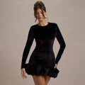European and american women's clothing  autumn new fashion elegant velvet round neck three-dimensional pleated hem long sleeve dress