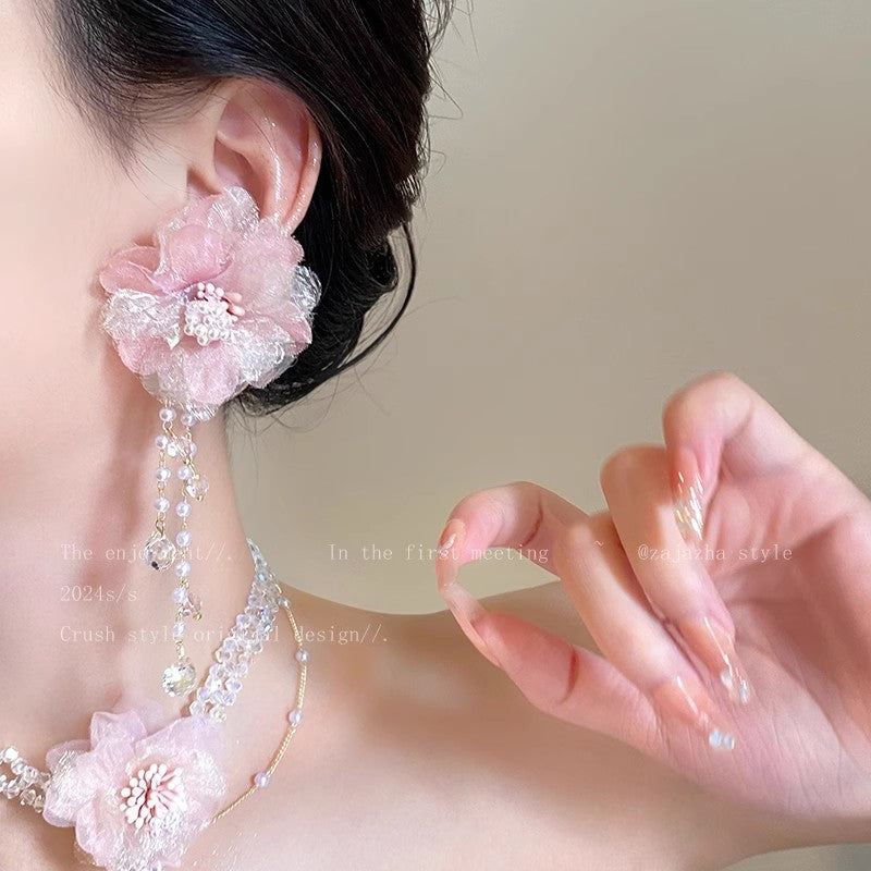 Romantic pink crystal flower pearl earrings - vacation vibes, luxe & ethereal, dopamine dressing