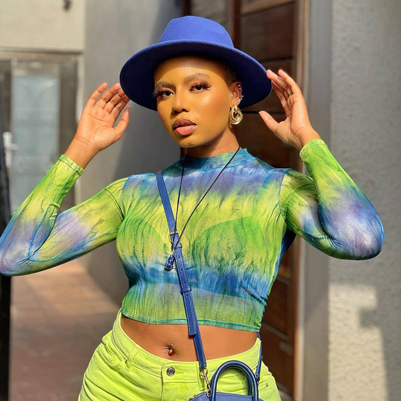 Europe and the United States 2022 summer new ins style temperament commuter printing round neck slim mesh long sleeve pullover button T-shirt