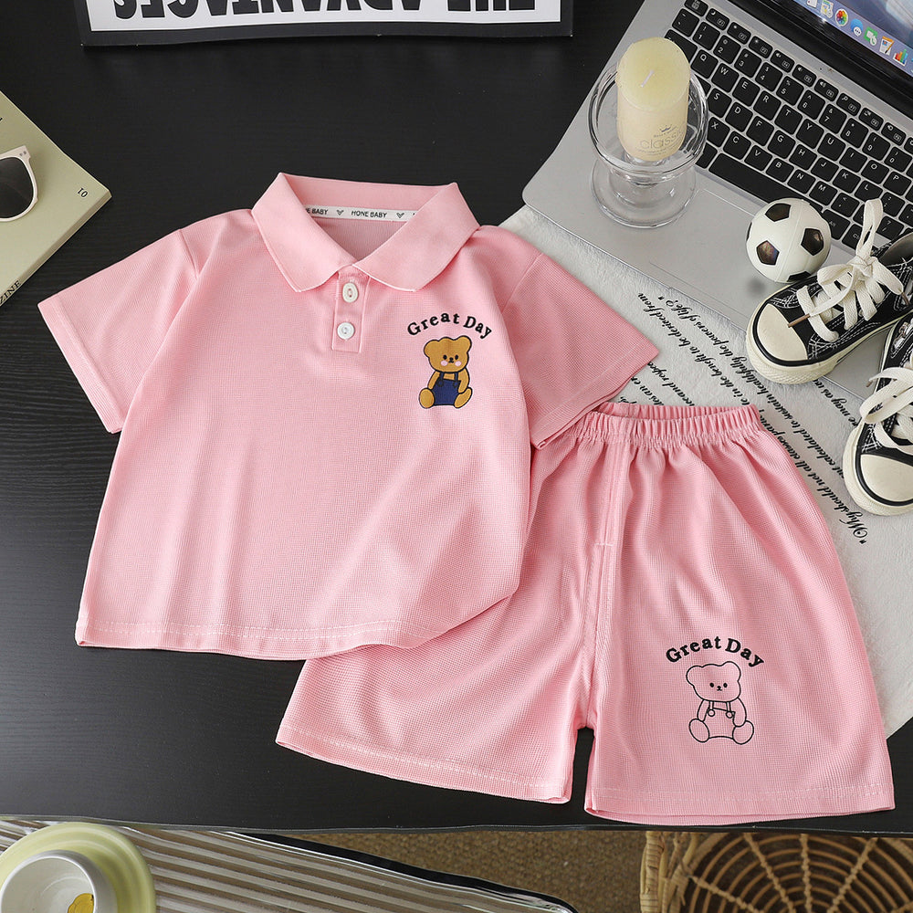 Kids' polo shirt set - boys' and girls' turn-down collar t-shirt, summer waffle knit short sleeve and shorts outfit, wholesale children's clothing (sizes for mid-to-large children)