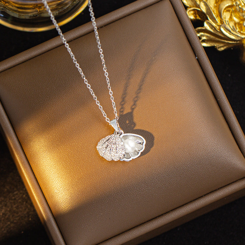 【titanium steel】korean style diamond-studded fashion hot-selling pearl necklace for women - non-fading, elegant, high-end, and perfect for sweater chains & jewelry