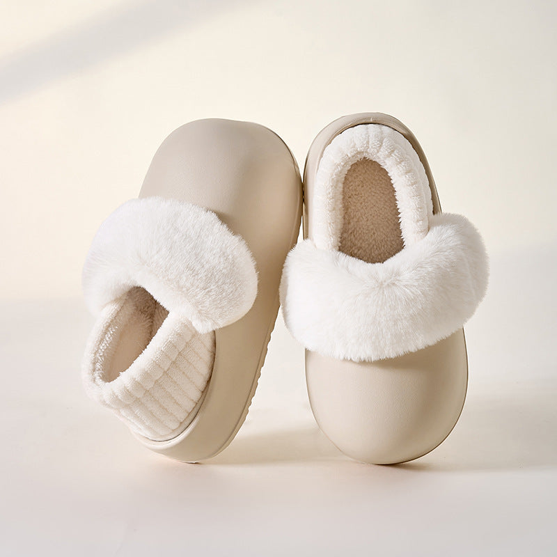 Waterproof, removable, and washable cotton slippers - winter anti-slip, warm, fleece-lined, thick-soled slippers for home wear, women's bread-shaped slippers, postpartum shoes