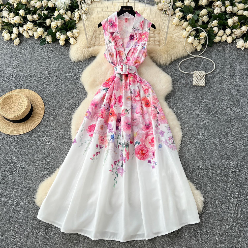 European and american niche fashion retro suit collar sleeveless cinched waist printed dress - women's slimming a-line elegant maxi dress