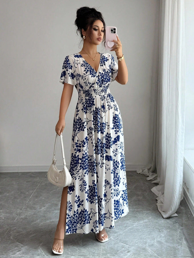 new european and american summer print v-neck maxi dress