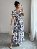 new european and american summer print v-neck maxi dress