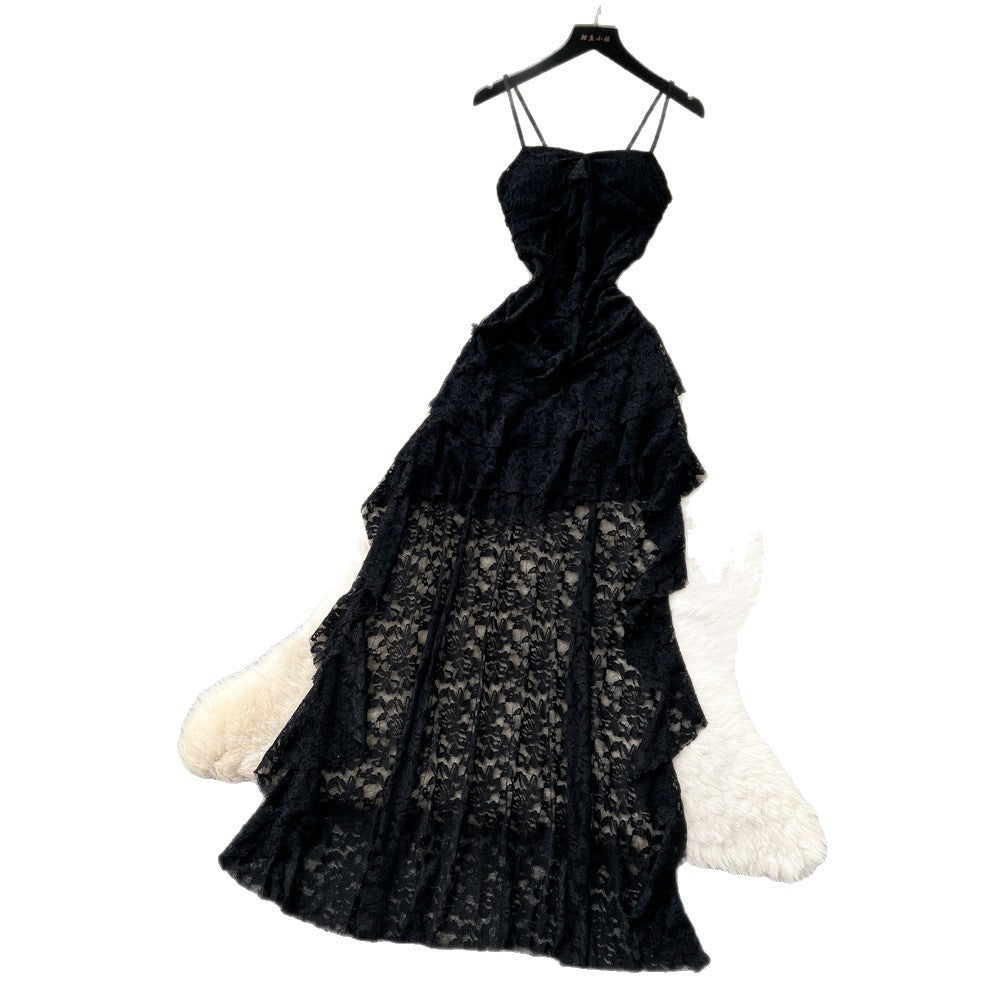 Frenchromantic style asymmetricallace suspender dress female summer pure lust style ruffles waist slimming look a-line skirt