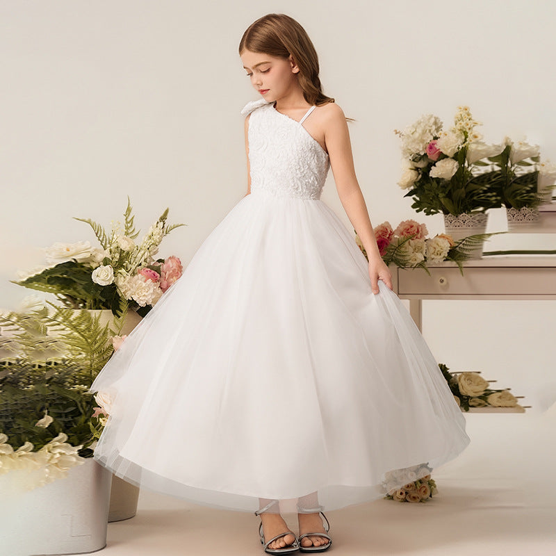 European and american style girls' white wedding dress, piano performance outfit, children's runway show host evening gown, cross-border customization