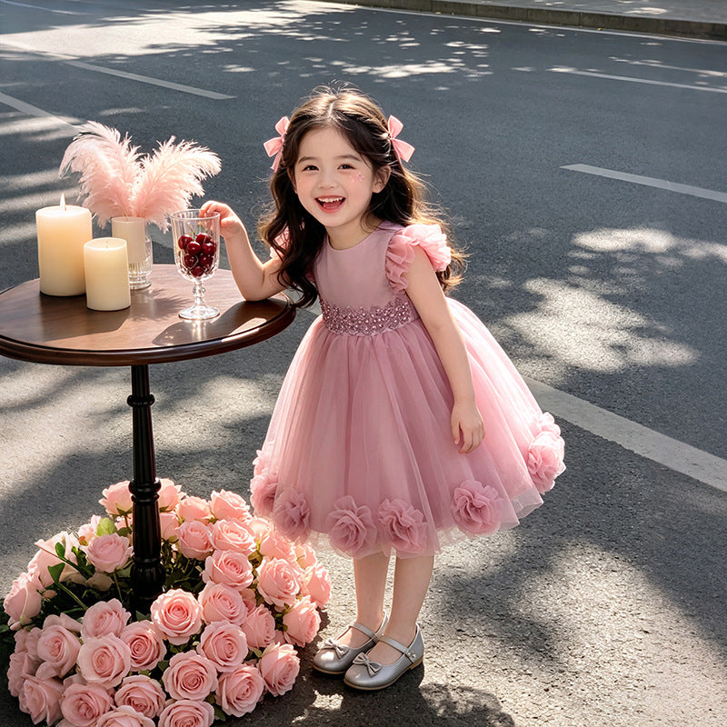 Girls' dress - mesh embroidered sweet style - baby birthday & first birthday princess dress - in stock wholesale - flutter sleeve tulle