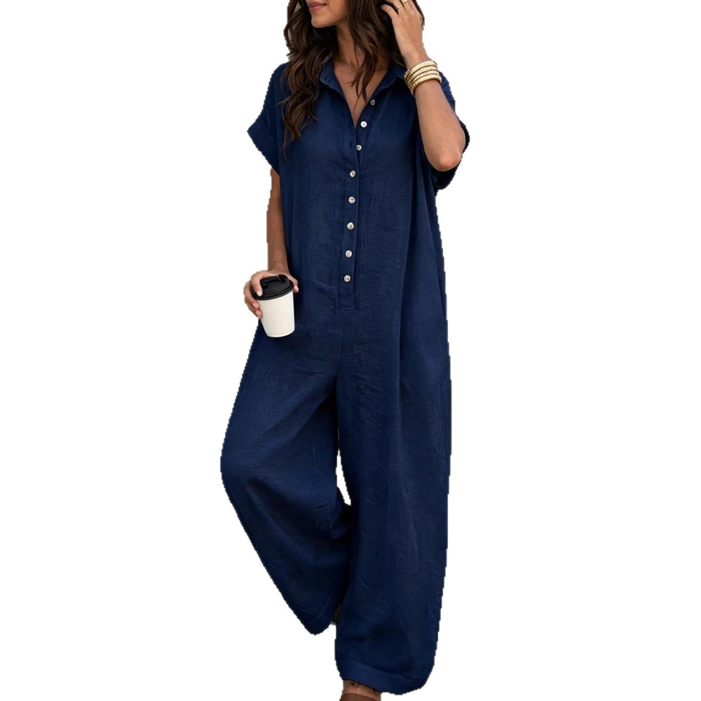 Independent station fashion cross-border  summercasualelegantwork clothingpure colorshirt button loose short-sleeved jumpsuit