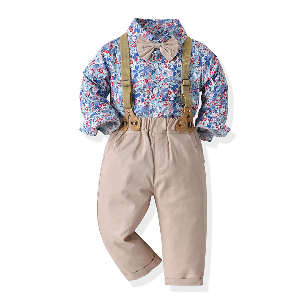 Wholesale new arrivals: children's clothing sets - boys' formal wear, long-sleeved floral shirt with bow tie, spring/summer overalls