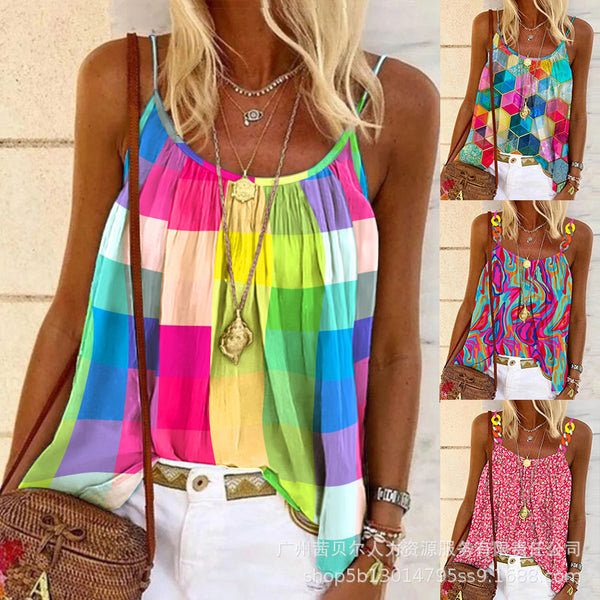Women's new 2022  , European and American women's clothing suspender color plaid printed top