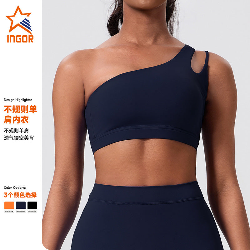 European and american outdoor running fitness backless sports bra single shoulder pilates yoga bra elastic sports underwear for women