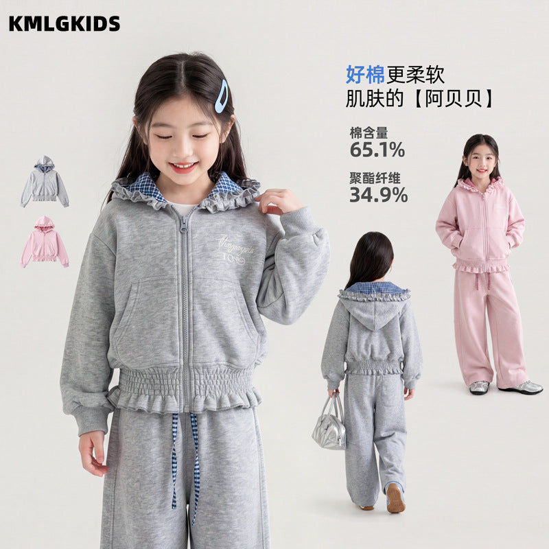 Factory wholesale kids' hooded jacket - spring/autumn girls' casual zip-up hoodie with lace trim and short cardigan top