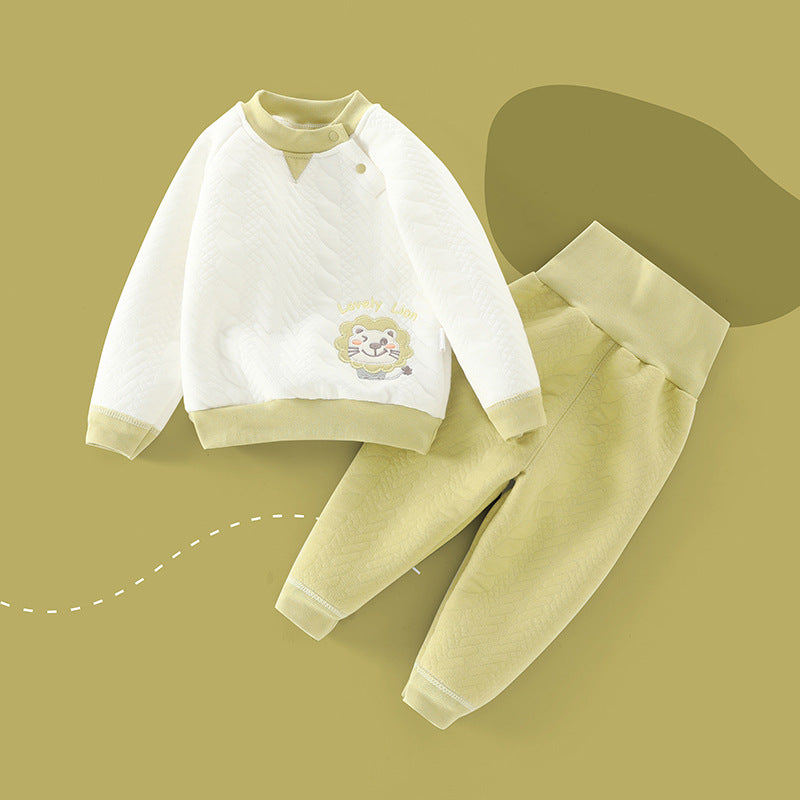 Wholesale baby thermal underwear set, pure cotton thickened quilted, unisex autumn/winter pullover high-waisted belly protection underwear set