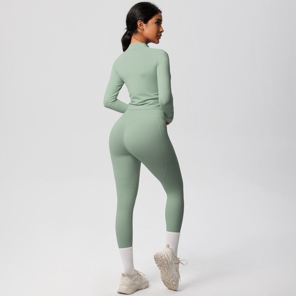European and american nude feel compression zip-up yoga set - high-waisted pocket quick-dry activewear running fitness two-piece outfit
