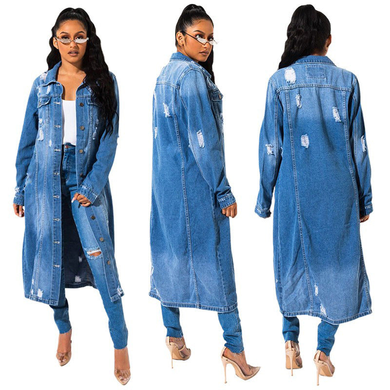 Amazon  women's denim jacket  european and american new trendy washed blue distressed slim-fit denim windbreaker