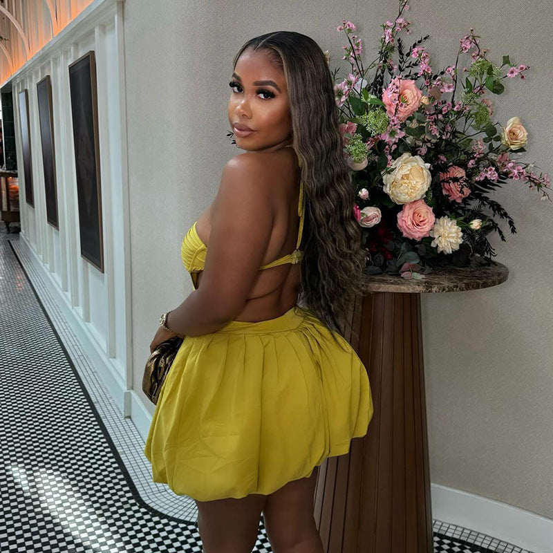 European and american women's clothing  spring new arrivals: sweet and fresh halter neck bandeau backless high-waisted mini dress