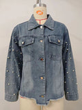 Fashion cross-border foreign trade lapel beading double patch pocket metal button hem raw edge drop shoulder version denim outwear for women