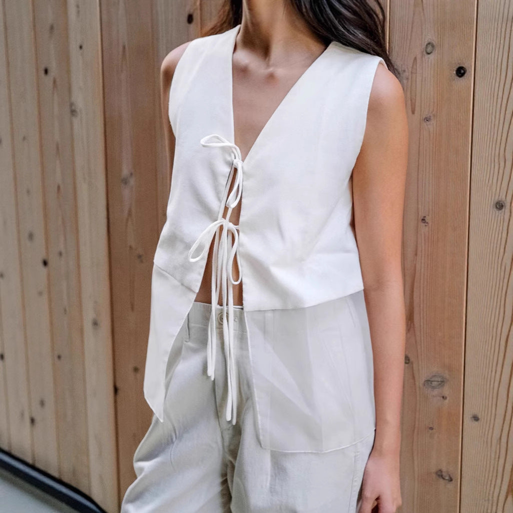 European and American  double-sided lace-up vest vest women's 2025 summer niche foreign-style white splicing cardigan women's clothing