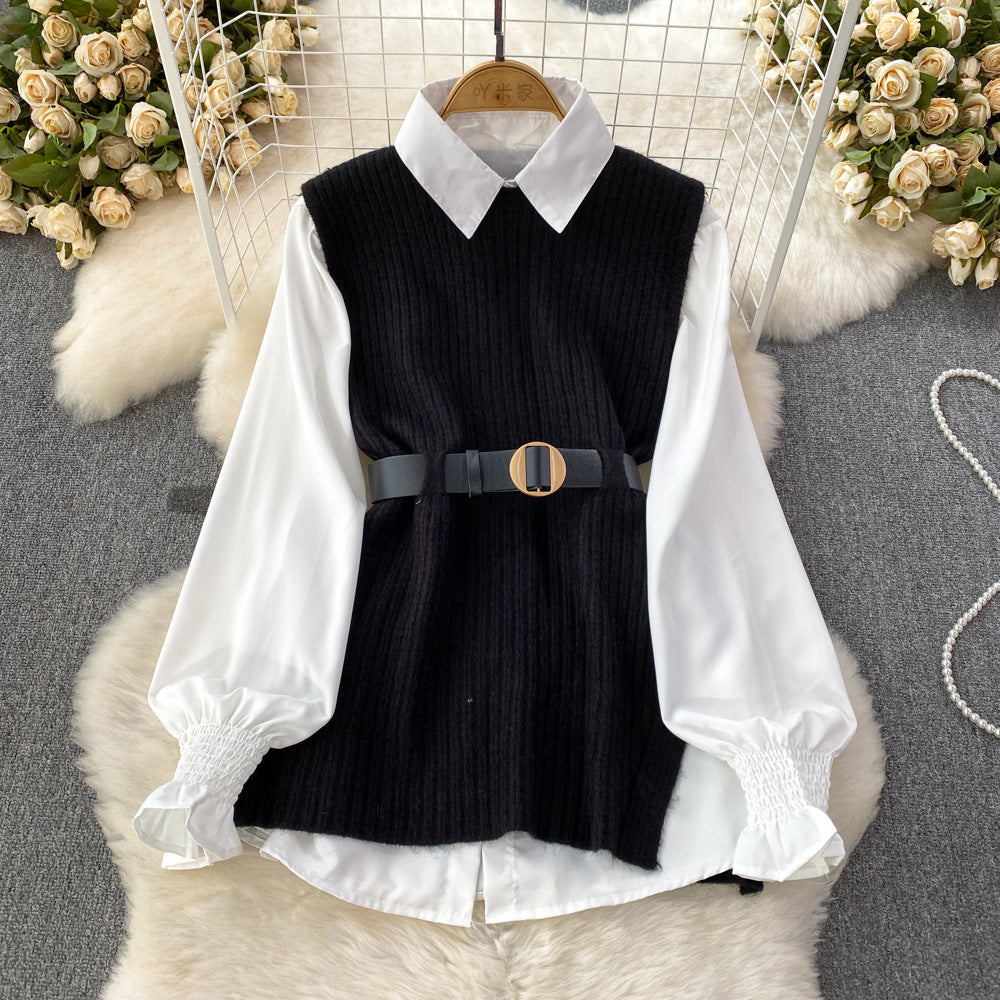 Autumn/winter korean chic socialite style lantern sleeve loose mid-length white shirt knitted vest two-piece set