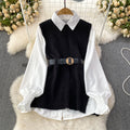 Autumn/winter korean chic socialite style lantern sleeve loose mid-length white shirt knitted vest two-piece set
