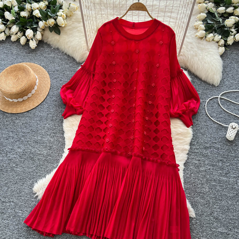 European and american fashion heavy beaded lantern sleeve loose pleated dress women's  autumn casual high-end long dress