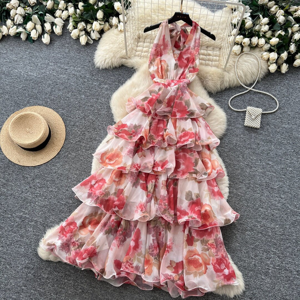 Frenchromantic style v neckhalter floral dress women's summer sleeveless backless layered ruffles cake skirt slimming look
