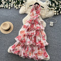 Frenchromantic style v neckhalter floral dress women's summer sleeveless backless layered ruffles cake skirt slimming look
