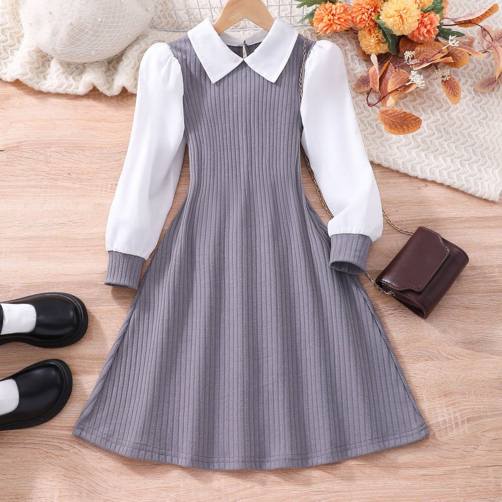 new arrival female youthlong sleeves lapel pit strip patchworkfake two-piece elegantdress