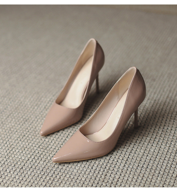Nude stiletto heels - 2024 new spring/autumn collection - patent leather french pointed toe flats - versatile professional style women's shoes