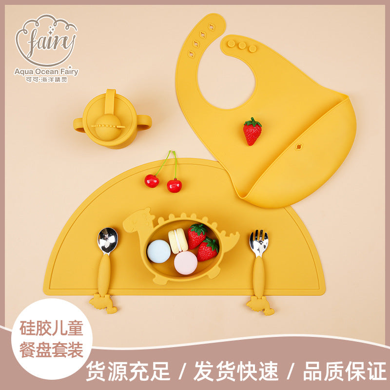 Factory custom logo baby silicone dinosaur bowl tableware set children's complementary food bowl fork spoon bib tableware set