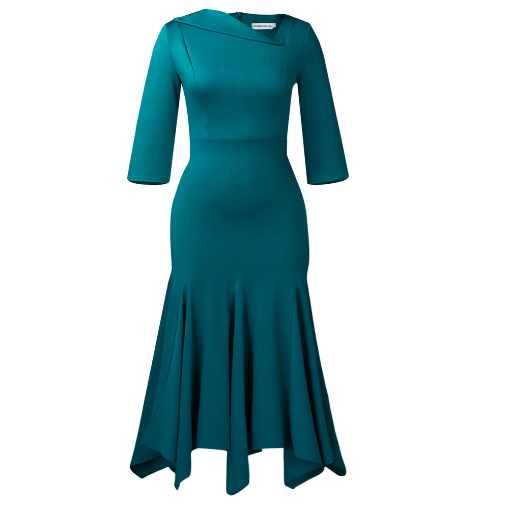 D3350 european and american cross-border women's fashion  new style elegant asymmetrical neck three-quarter sleeve high-waisted irregular dress