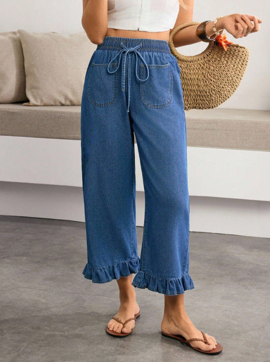 new arrivals: plus size women's elastic waist drawstring ruffle straight-leg jeans for , , and european & american markets