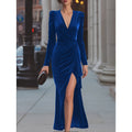 Women's autumn/winter elegant sexy deep v-neck cinched waist slit long sleeve velvet dress - perfect for evening events