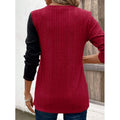 Women's color block ribbed long sleeve top - crew neck button detail patchwork casual shirt