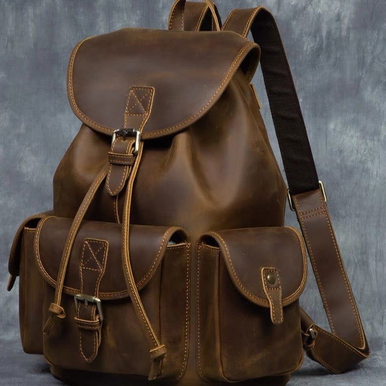 Vintage crazy horse leather backpack - genuine leather rucksack, laptop bag, large capacity travel bag, handmade cowhide business bag