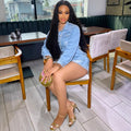European and american style stretch denim dress -  cross-border fashion women's multi-pocket washed denim mini dress