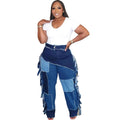 New arrivalpatchworkjeans european and american women's casual pants  cross-border women's washed color matching tassel pants