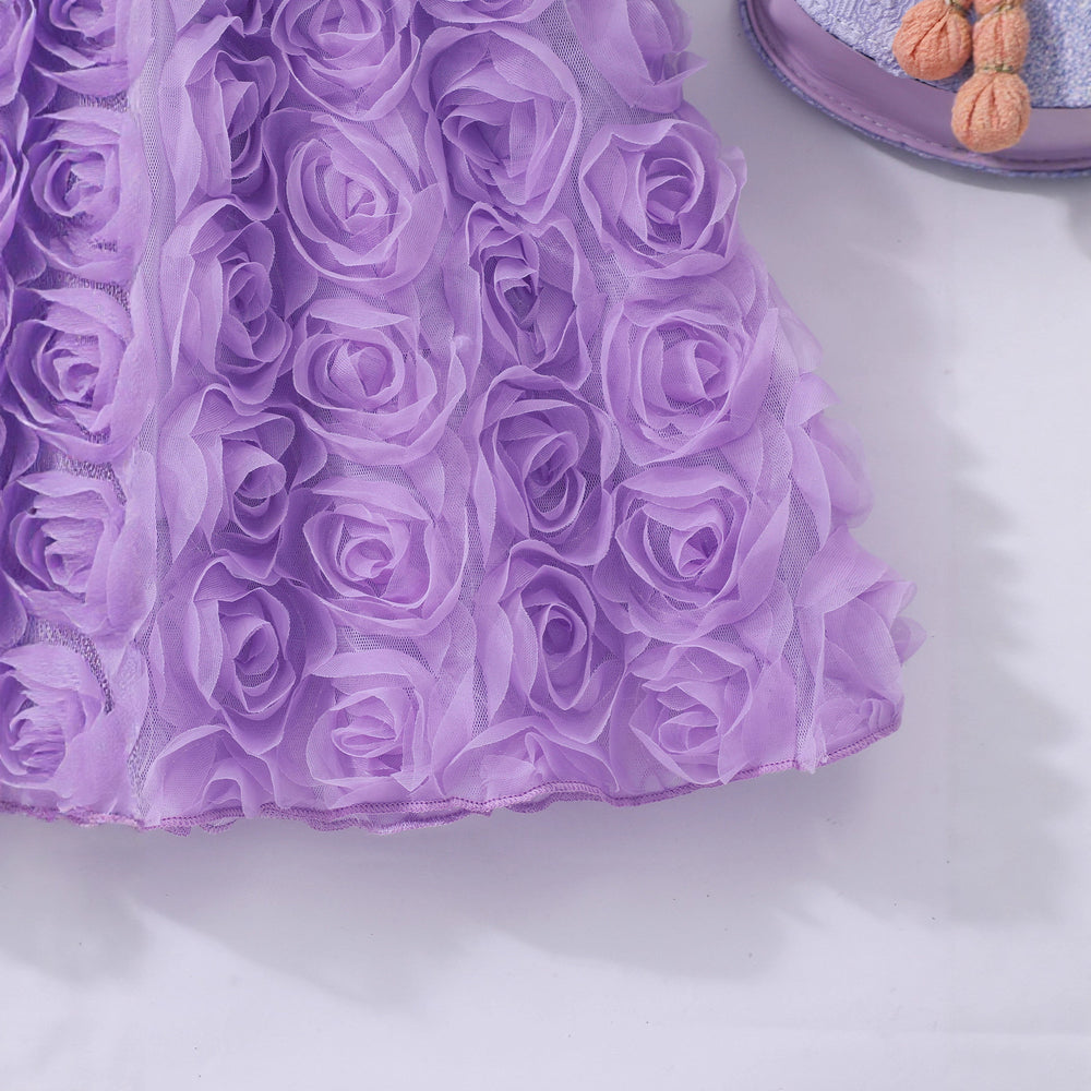 Girls' dress for toddlers and young children, solid color 3d floral pearl long sleeve dress