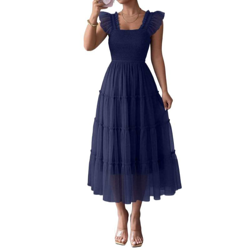 fashion  summer new arrival flying sleeve ruched ruffles vacation elegant mesh dress