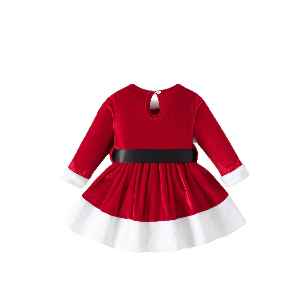 Baby christmas party outfit: fuzzy hat, belt, and romper dress